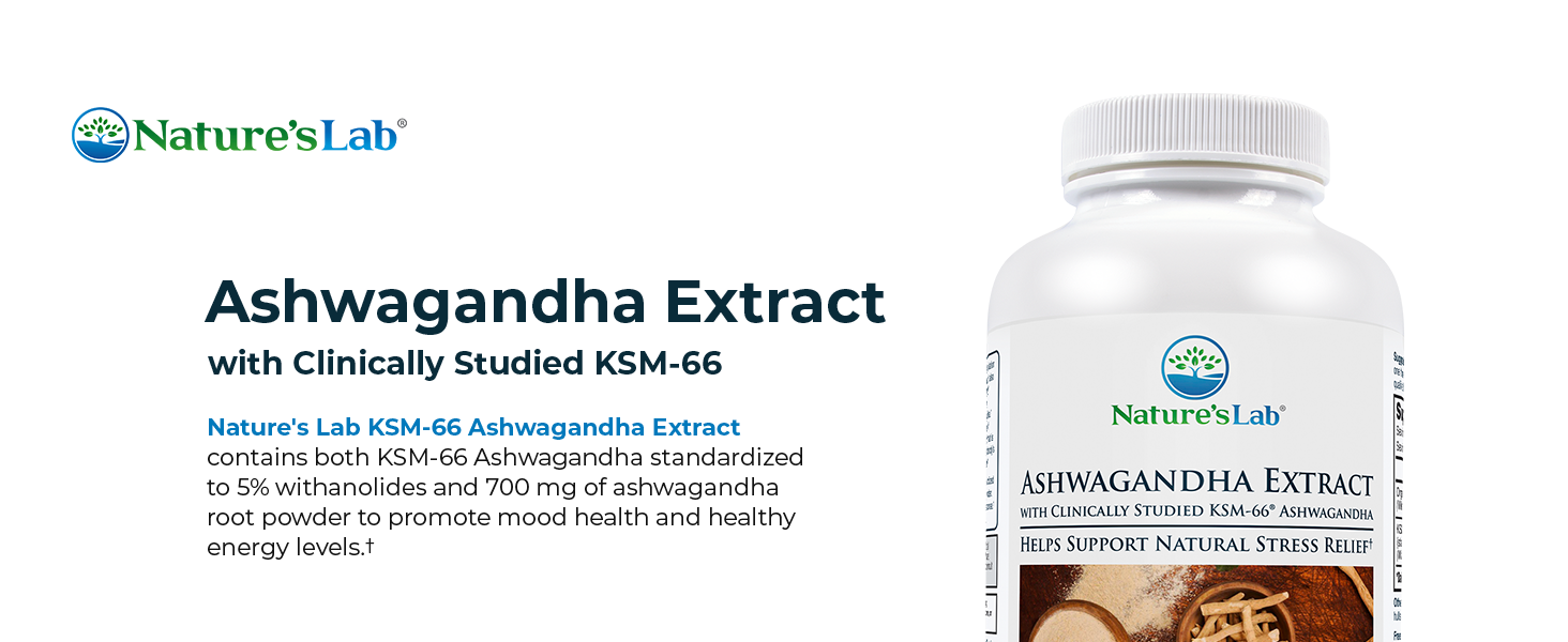 Nature's Lab Extra Strength Ashwagandha KSM 66 Extract - 5% Withanolides, Pure Organic Ashwagandha Root Powder - Supports Stress Relief, Focus and Strength Support* - 120 Ct (60 Day Supply)