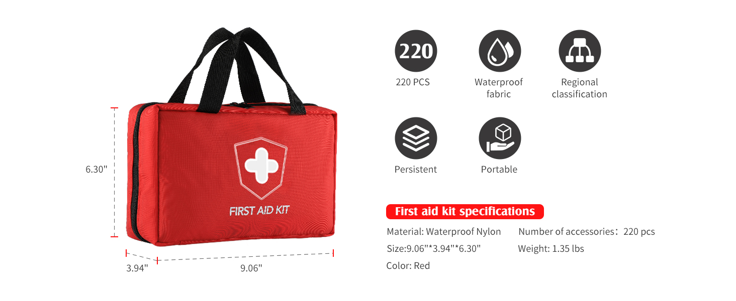 220 Piece First Aid Kit, Includes Emergency Foil Blanket, Scissors and Bandage, for Car, Travel, Home, Workplace, Camping, Hiking,Outdoor and Sports(Red)