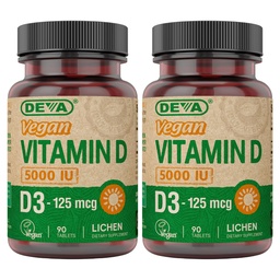 DEVA Vitamin D3 5000 IU, Sunshine Supplement, 125 mcg of Vegan D3, 90-Count Bottle (Pack of 2)
