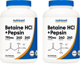 Nutricost Betaine HCl + Pepsin 790mg, 240 Capsules, 2 Bottles (480 Capsules)