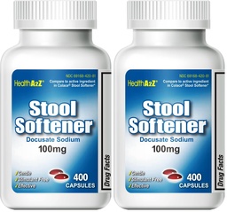 HealthA2Z® Stool Softener | Docusate Sodium 100mg | Red & White Capsules | Dependable | Gentle Constipation Relief (400 Counts) (Pack of 2)