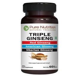 Pure Nutrition Triple Ginseng - an Unique and Effective Combination of Red Ginseng, American Ginseng and Siberian Ginseng. 790mg per Capsule | 60 Veg Caps Pack