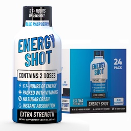 Blue Raspberry Extra Strength Energy Shot 24 pk – 260mg Natural Caffeine B12 B6 – Energy & Focus Support – 2 Servings Sugar Free Zero Calorie Green Tea B-Vitamins Electrolytes Vegan – 1.93 fl oz