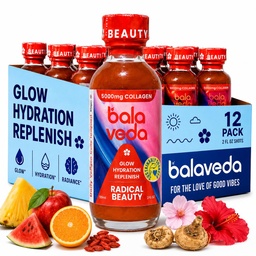 balaveda Radical Beauty Marine Collagen Shot, Watermelon, 2oz 12 Pack | Goji, Maca, Lotus + Watermelon, Marine Collagen Wellness Shots, 2 fl oz Glass Bottles
