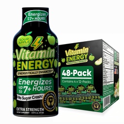 Vitamin Energy Workout+ Extra Strength Energy Shot Sour Apple 48 Pack, 260mg Natural Caffeine, Pre-Workout, B-Vitamins, Minerals, Endurance & Performance, Zero Sugar, Gluten-Free, Vegan, 1.93 fl oz