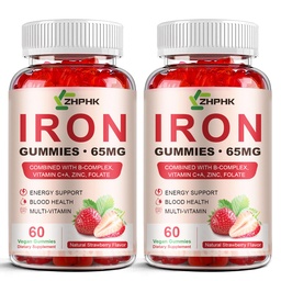 ZHPHK Iron Supplement Gummies for Women, Men & Kids, 65mg Iron & 250mg Vitamin C per Serving - Healthy Blood, Energy & Immune Support Iron Vitamin Gummy with Folate, 2 Pack