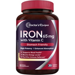 Doctor's Recipes Iron Supplement 65 mg with Vitamin C - Maximized Absorption & Stomach Friendly Iron Pills for Red Blood Cells Formation, Heart, Brain & Immunity Health - Vegan Non-GMO 30 Iron Tablets