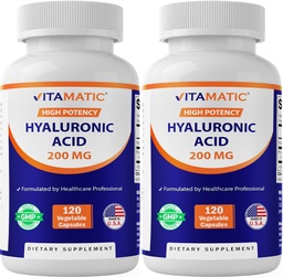 Vitamatic 2 Pack Hyaluronic Acid Supplements 200mg - Supports Healthy Connective Tissue and Joints - Promote Youthful Healthy Skin - Total 240 Capsules