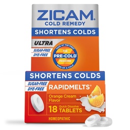 Zicam Ultra Cold Remedy Zinc Rapidmelts, Orange Cream Flavor, Homeopathic, Cold Shortening Medicine, Shortens Cold Duration, Sugar-Free, Dye-Free, 18 Count | Homeopathic Cold Remedy with Zinc, Shortens Cold Duration, Sugar-Free, Dye-Free