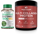 Wholesome Wellness Digestive Enzymes 1000MG Plus Prebiotics & Probiotics Supplement + Multi Collagen Protein Powder Hydrolyzed (Type I II III V X) Bundle