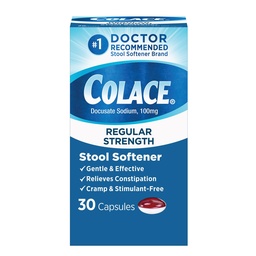 Colace Stool Softener 100 mg, 30 Capsules, Constipation Relief, Docusate Sodium, Gentle Docusate, Stimulant-Free, Regular Strength, #1 Doctor Recommended Stool Softener Brand