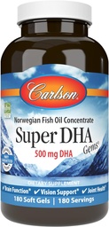 Carlson - Super DHA Gems, 500 mg DHA Supplements, 640 mg Fatty Acids, Wild-Caught Norwegian Arctic Omega 3 Fish Oil Supplement, Sustainably Sourced Fish Oil Capsules, 180 Softgels