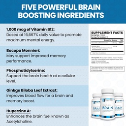 Youthful Brain | Memory & Brain Health Support Supplement with Bacopa Monnieri, Ginkgo Biloba, B12 - Easy to Swallow Tablets - 30-Day Supply (60 Count)
